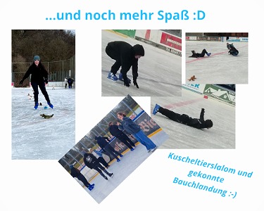 Das Bild zeigt eine Schülerin beim Slalom um auf dem Eis ausgelegte Kuscheltiere. Außerdem einen Schüler, wie er gekonnt eine Bauchlandung auf dem Eis macht sowie einige Schüler beim Eisstockschießen.